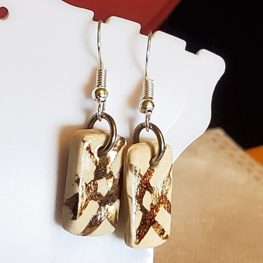 Silver Tone Hook Rectangle Ceramic Striped Earring - image 3